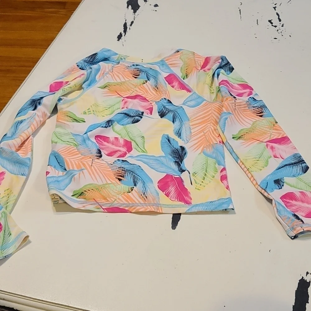 Miken Mermaids Girls Rash Guard Longsleeve Fluorescent Tropical Leaves Sz S‎ EUC